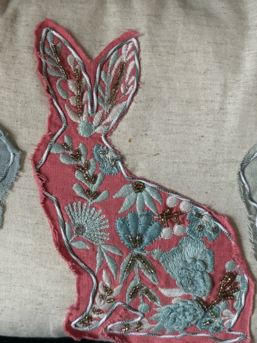 Pier 1 Appliqué Embroidered Rabbit Design Pillow Boho Cottagecore Fringe 20x11